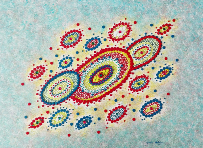 (2018) Espansione cosmica. Acrilico su tavola con applicazione di cerchietti di alluminio, rondelle in acciaio e perline semisferiche.